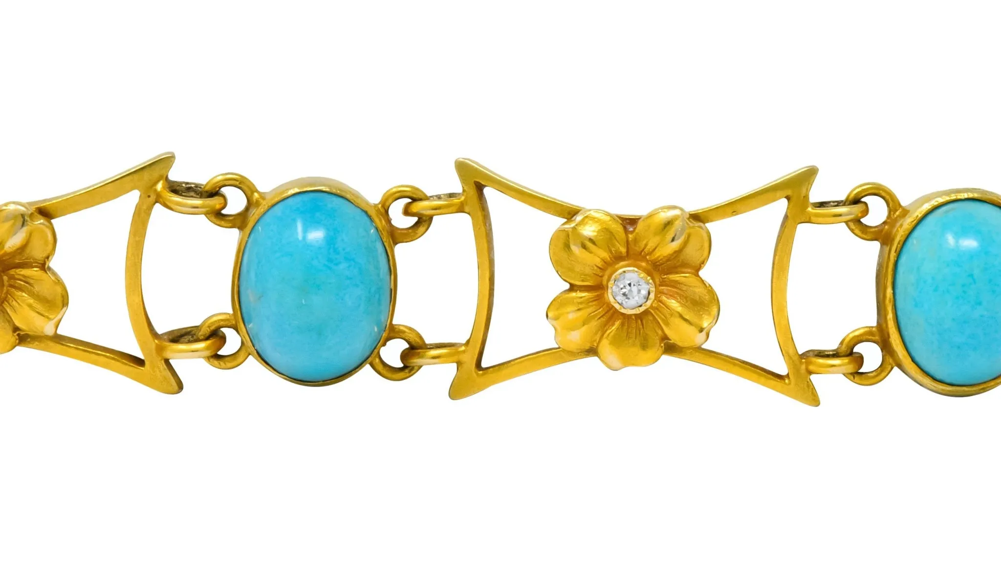 1905 Victorian Turquoise Diamond 14 Karat Yellow Gold Floral Link Bracelet