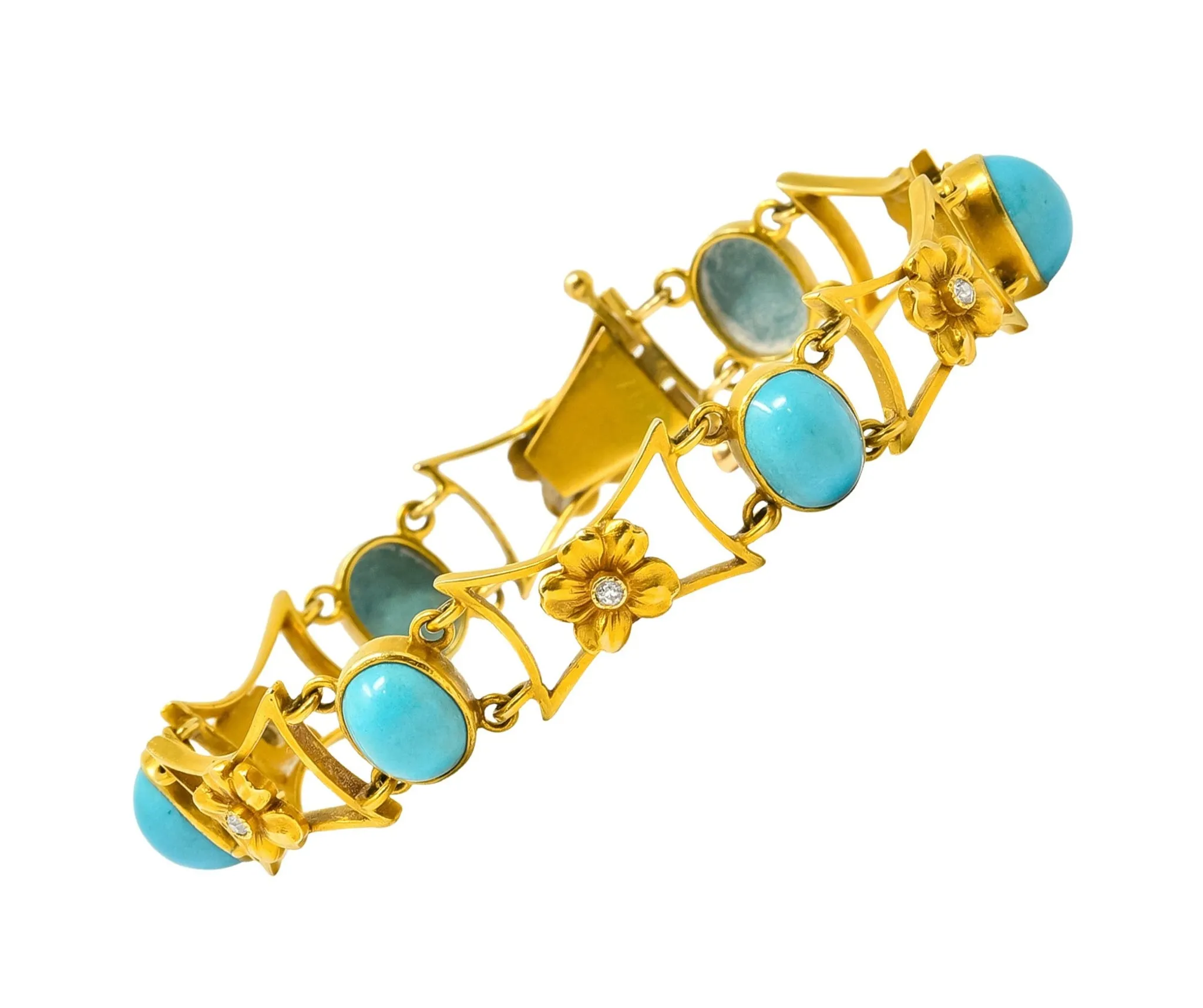 1905 Victorian Turquoise Diamond 14 Karat Yellow Gold Floral Link Bracelet