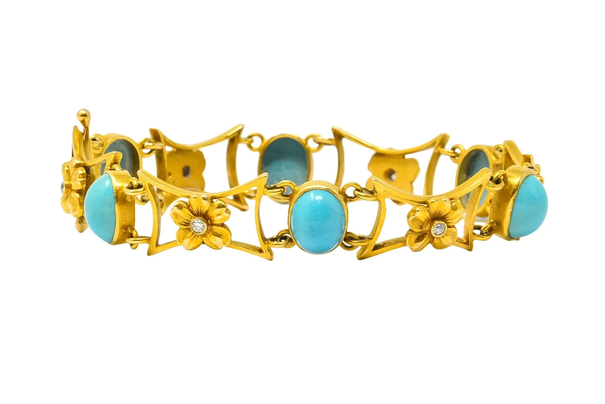 1905 Victorian Turquoise Diamond 14 Karat Yellow Gold Floral Link Bracelet