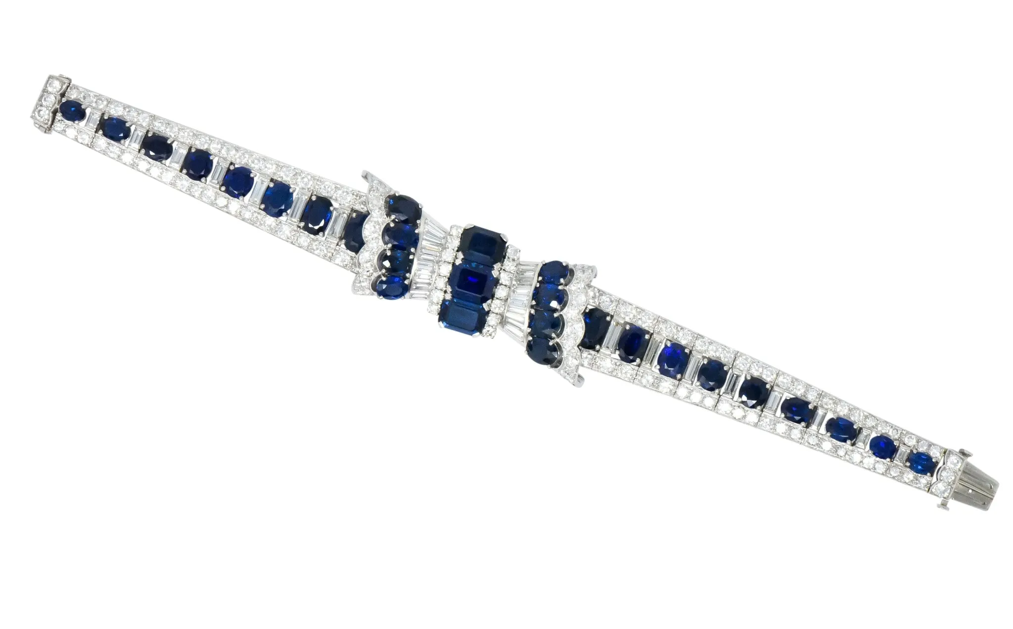 1950's Mid-Century 27.50 CTW Sapphire Diamond Platinum Bow Link Bracelet