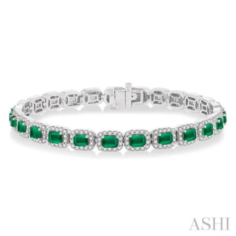 2 1/5 ctw 4X3 MM Emerald and Round Cut Diamond Halo Precious Tennis Bracelet in 14K White Gold