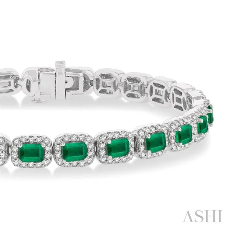 2 1/5 ctw 4X3MM Emerald and Round Cut Diamond Halo Precious Tennis Bracelet in 14K White Gold