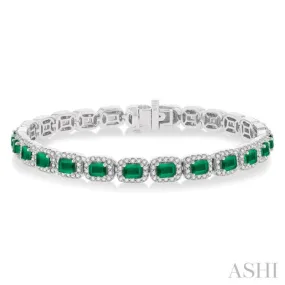 2 1/5 ctw 4X3MM Emerald and Round Cut Diamond Halo Precious Tennis Bracelet in 14K White Gold