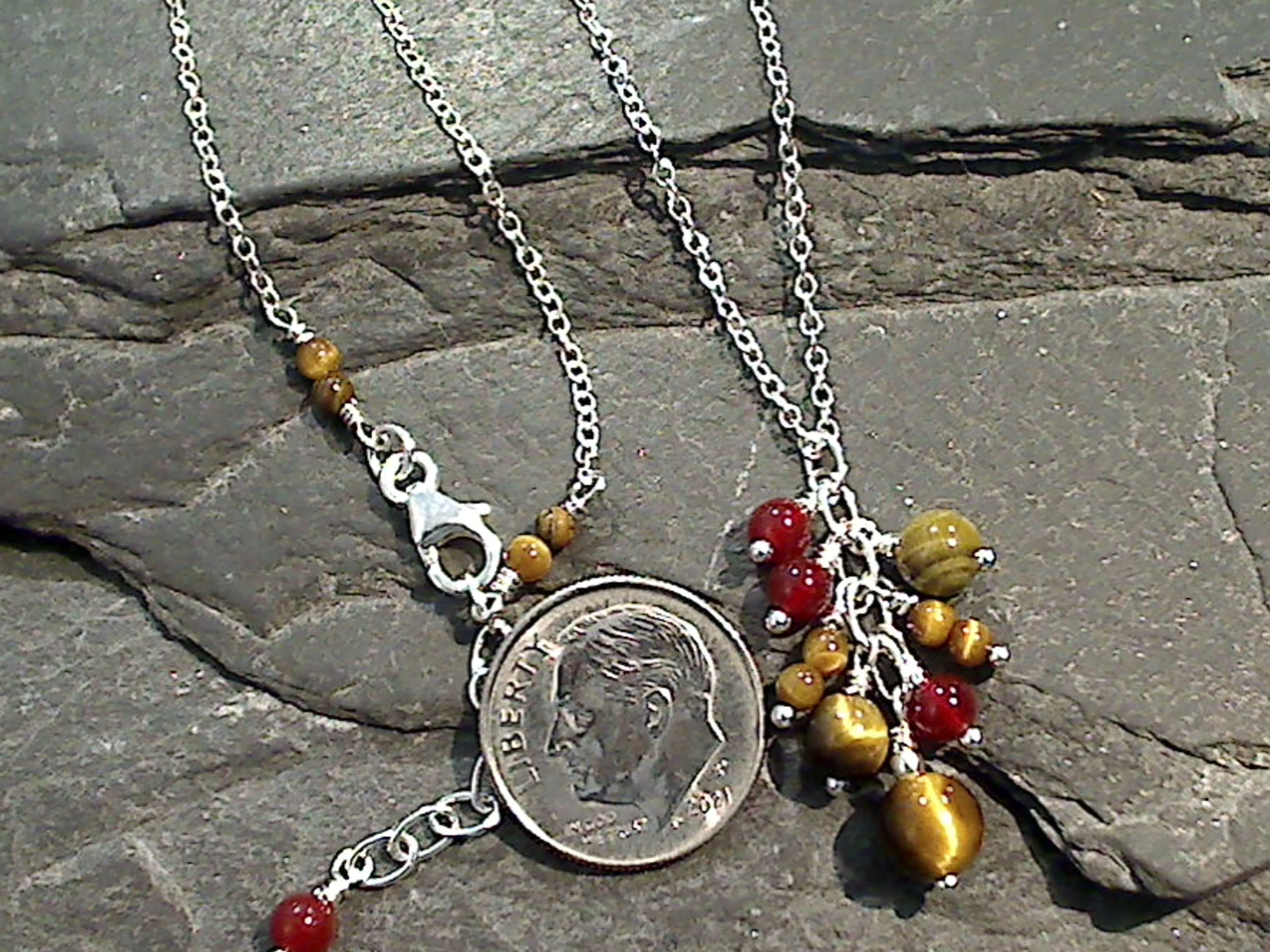 20" - 21" Tiger's Eye, Carnelian, Sterling Silver Necklace