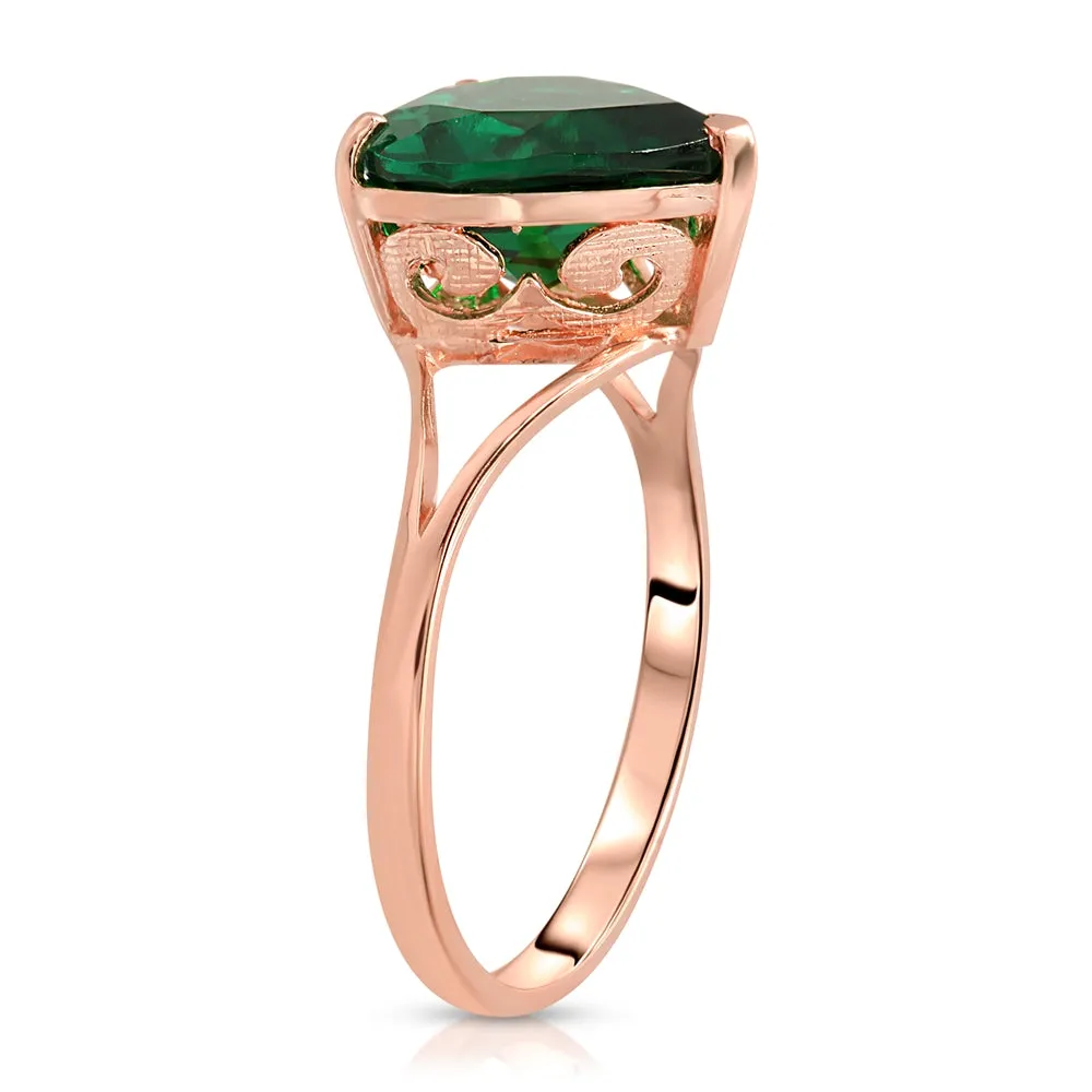 2.75 Carats 14K Solid Rose Gold Brilliant Heart Cut Shape Emerald Solitaire Cathedral Ring with Genuine Vibrant Emerald Heart Shape Anniversary Engagement Promise Her Him Unisex