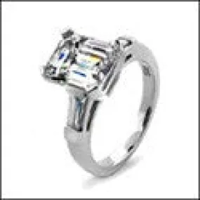 3 Carat Emerald Cut Cubic Zirconia and Tapered Baguettes Channel 14k White Gold Ring