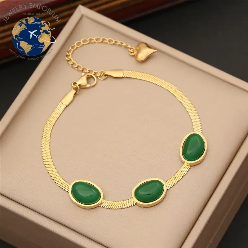 316L Stainless Steel Simple Flat Snake Chain Emerald Stone Pendant Bracelet Necklace Earring Set Indian Jewelry