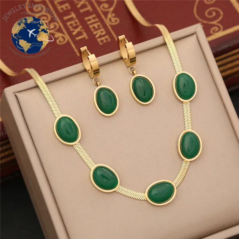 316L Stainless Steel Simple Flat Snake Chain Emerald Stone Pendant Bracelet Necklace Earring Set Indian Jewelry