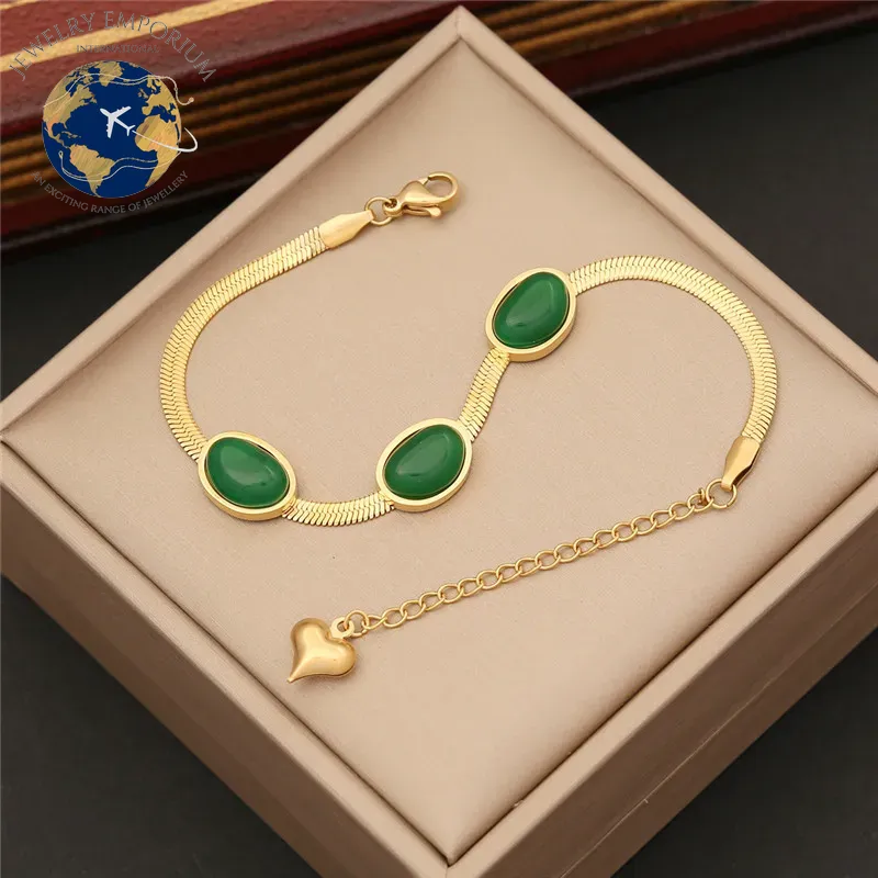 316L Stainless Steel Simple Flat Snake Chain Emerald Stone Pendant Bracelet Necklace Earring Set Indian Jewelry