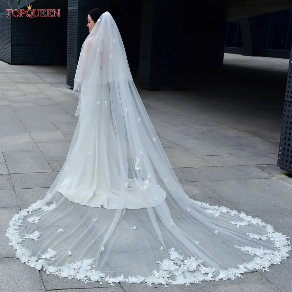 3D Flowers Wedding Veil Luxury Cathedral Lace Tulle Bridal Veil