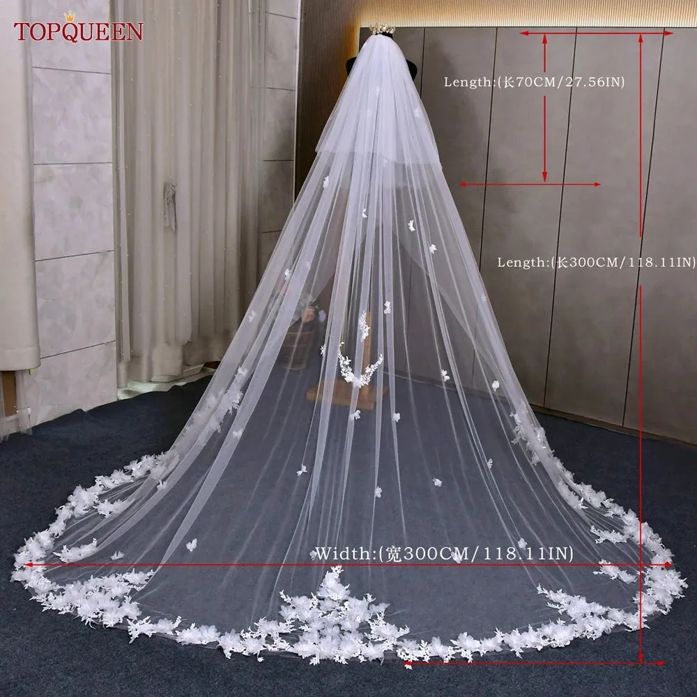 3D Flowers Wedding Veil Luxury Cathedral Lace Tulle Bridal Veil