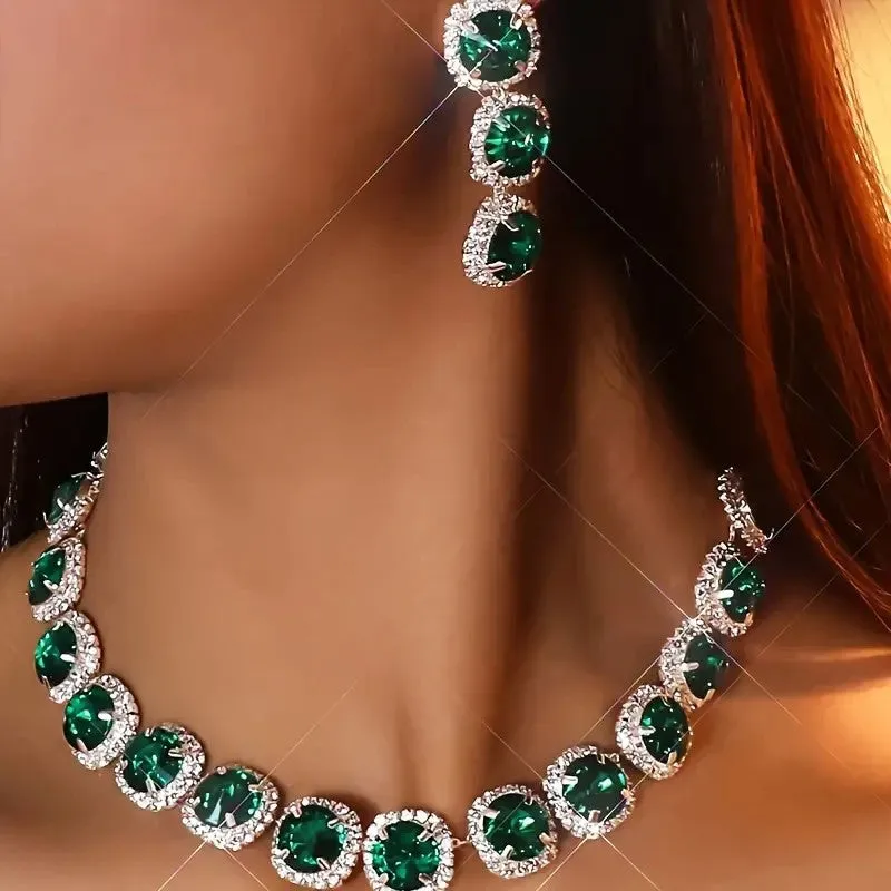 3pcs SILVER Emerald Green Jewelry Set l Rhinestone Earrings l Necklace l Bracelet l Prom l Wedding JS-930