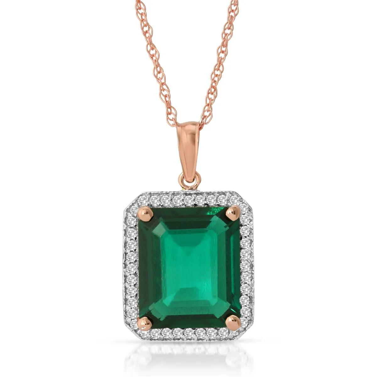 4.70 Carat Total Weight 14K Solid Rose Gold Emerald Halo Design Pendant Necklace Brilliant Emerald Octagon Shape Cut Natural Diamonds Round Cut Anniversary Engagement Birthday