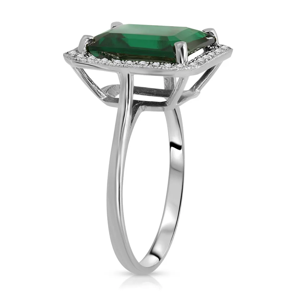 4.70 Carat Total Weight 14K Solid White Gold Emerald with Natural Diamonds Halo Ring Brilliant Octagon Emerald Shape Cut Round Diamonds Anniversary Engagement Ring