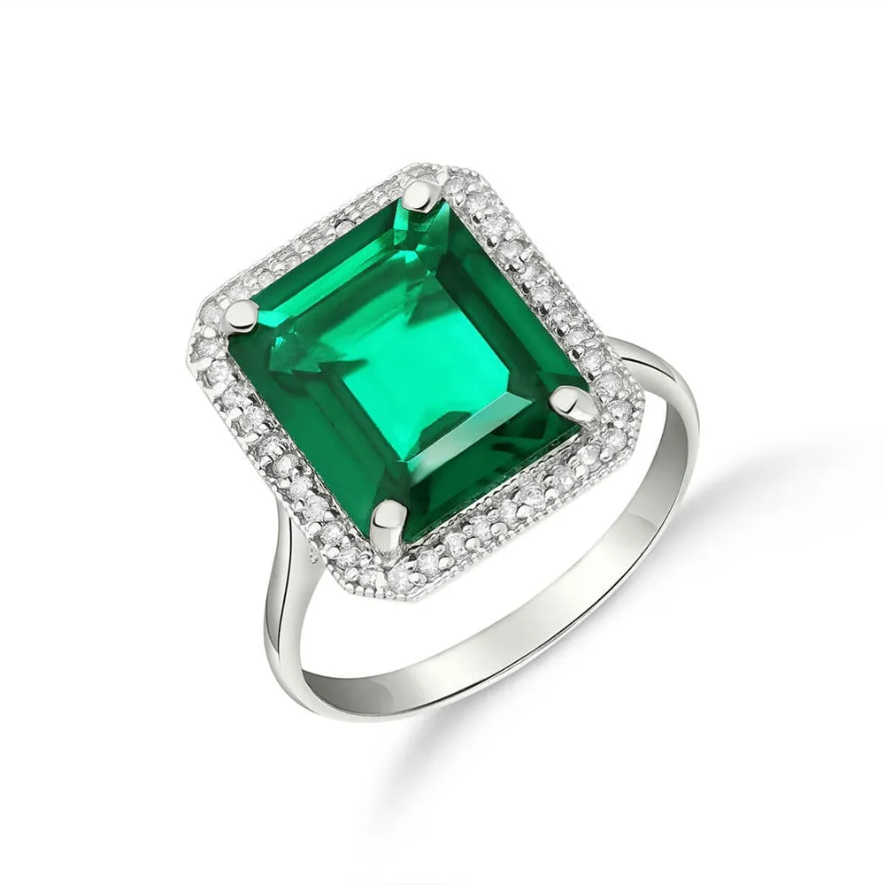 4.70 Carat Total Weight 14K Solid White Gold Emerald with Natural Diamonds Halo Ring Brilliant Octagon Emerald Shape Cut Round Diamonds Anniversary Engagement Ring