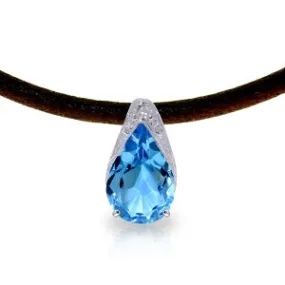 6 Carat 14K Solid White Gold Leather Necklace Blue Topaz