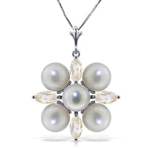 6.3 Carat 14K Solid White Gold Necklace White Topaz Pearl