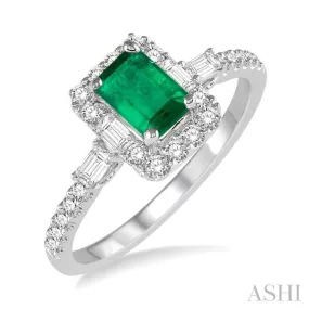 6x4 MM Octagon Cut Emerald and 1/2 Ctw Round Cut Diamond Ring in 14K White Gold