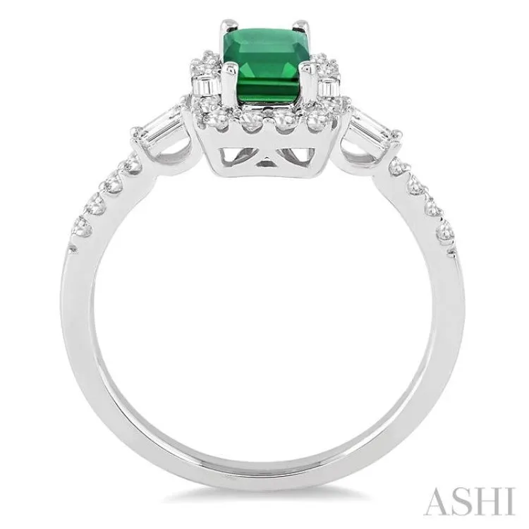 6x4 MM Octagon Cut Emerald and 1/2 Ctw Round Cut Diamond Ring in 14K White Gold