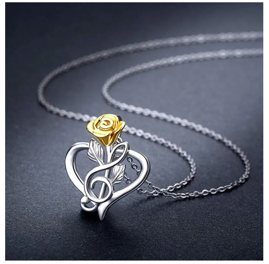 925 Silver Treble Clef Heart Music Note Necklace Musical Pendant Rose Flower Chain Singer Jewelry Mothers Day Anniversary Gift 20in.