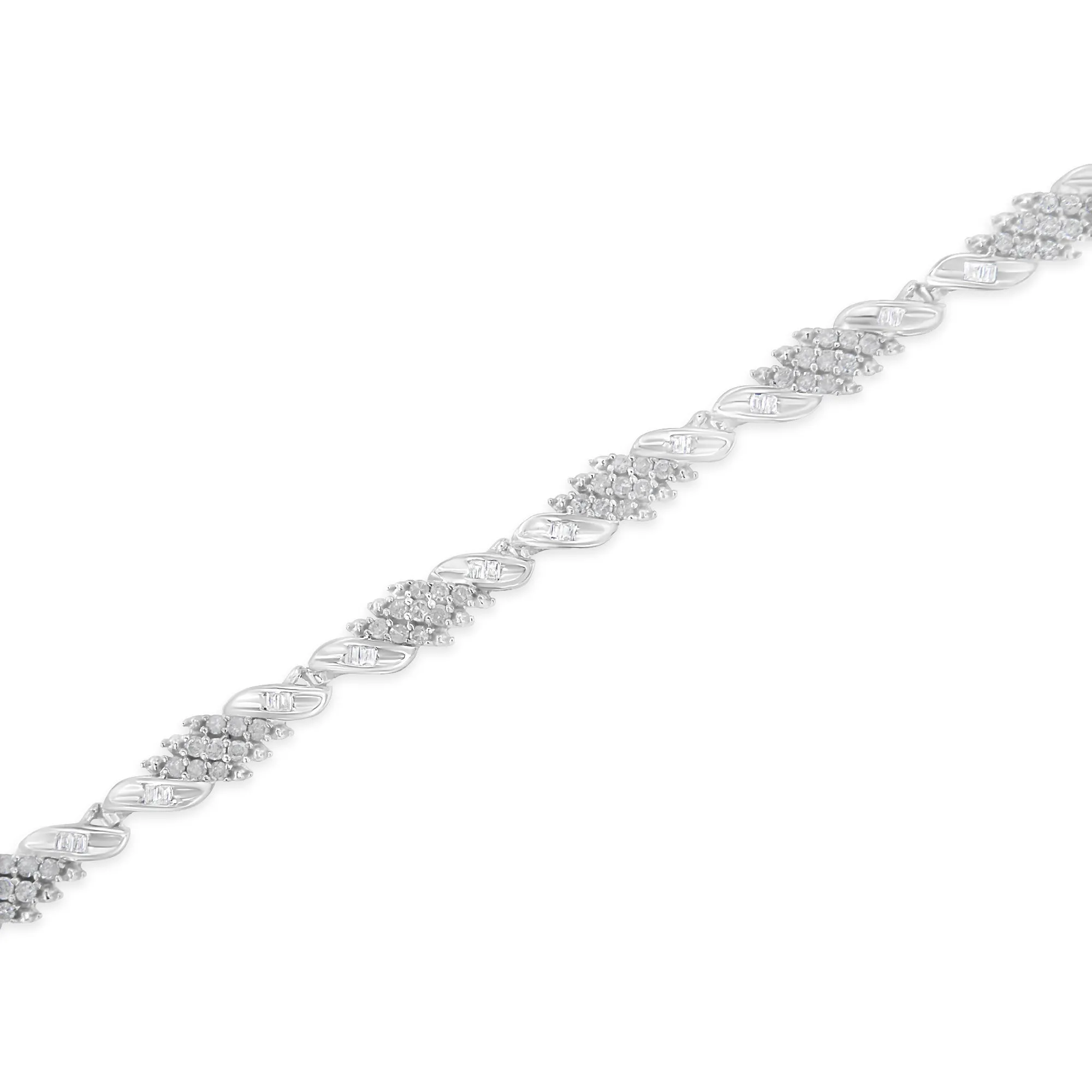 .925 Sterling Silver 1-1/2 Cttw Round and Baguette Cut Diamond Wave Link Bracelet