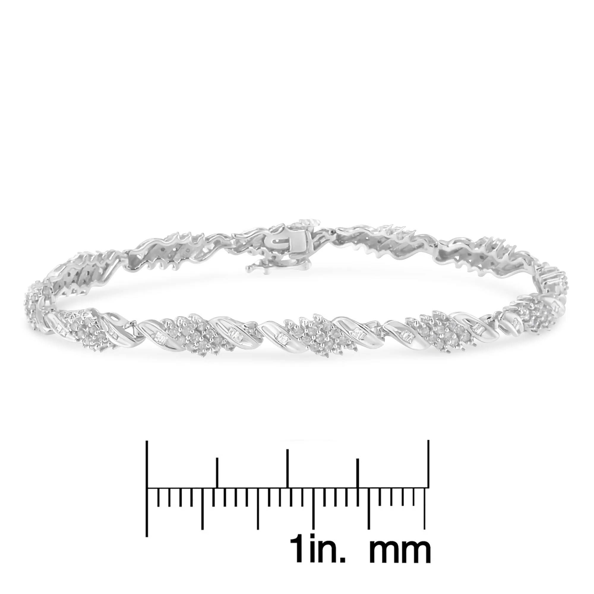 .925 Sterling Silver 1-1/2 Cttw Round and Baguette Cut Diamond Wave Link Bracelet