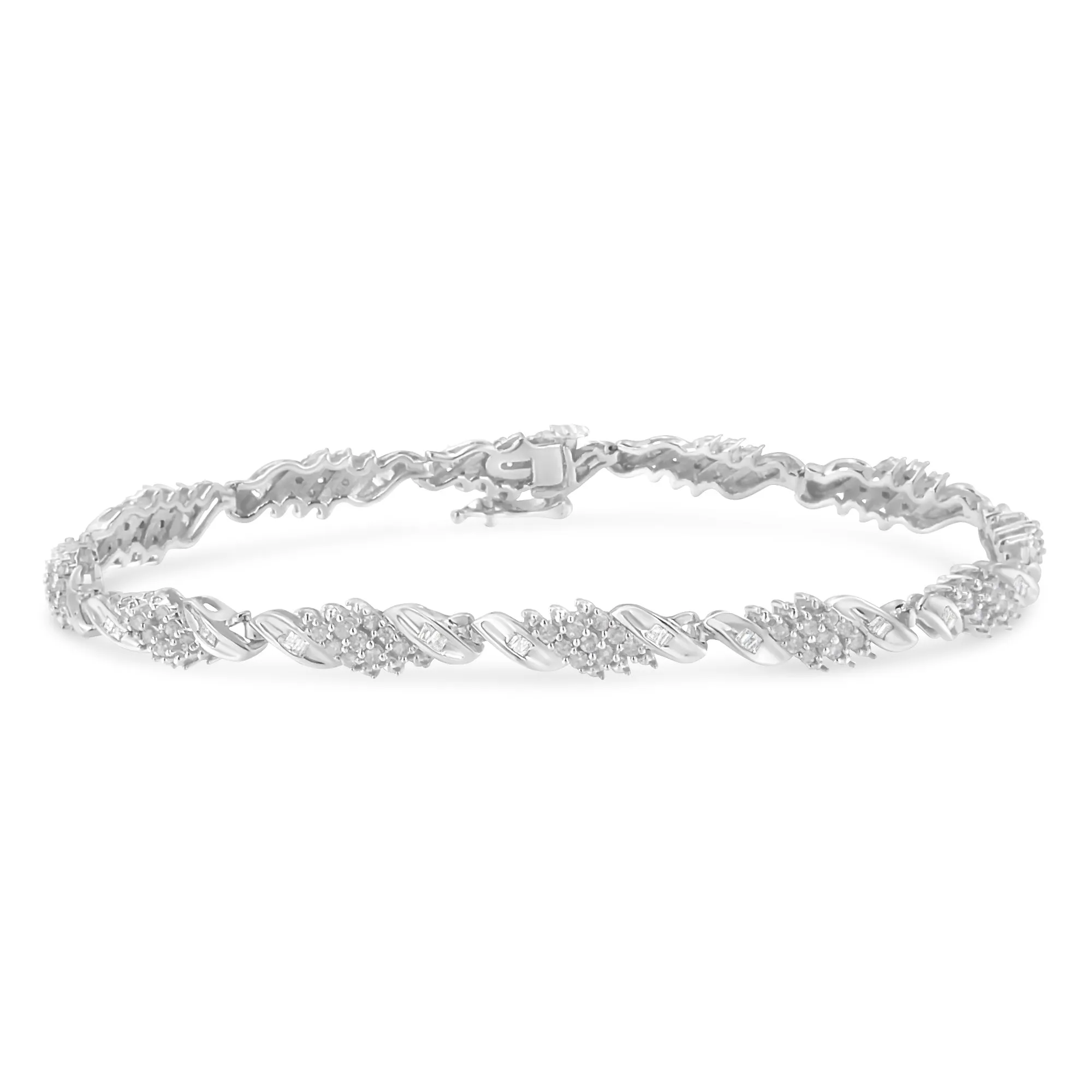 .925 Sterling Silver 1-1/2 Cttw Round and Baguette Cut Diamond Wave Link Bracelet