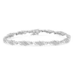 .925 Sterling Silver 1-1/2 Cttw Round and Baguette Cut Diamond Wave Link Bracelet