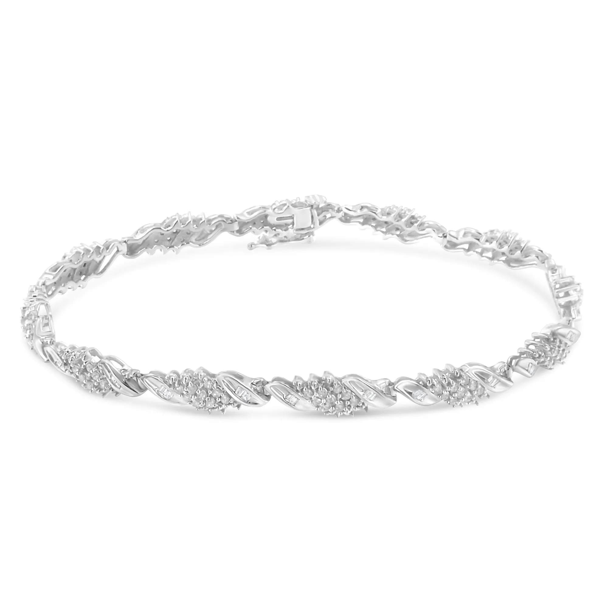 .925 Sterling Silver 1-1/2 Cttw Round and Baguette Cut Diamond Wave Link Bracelet