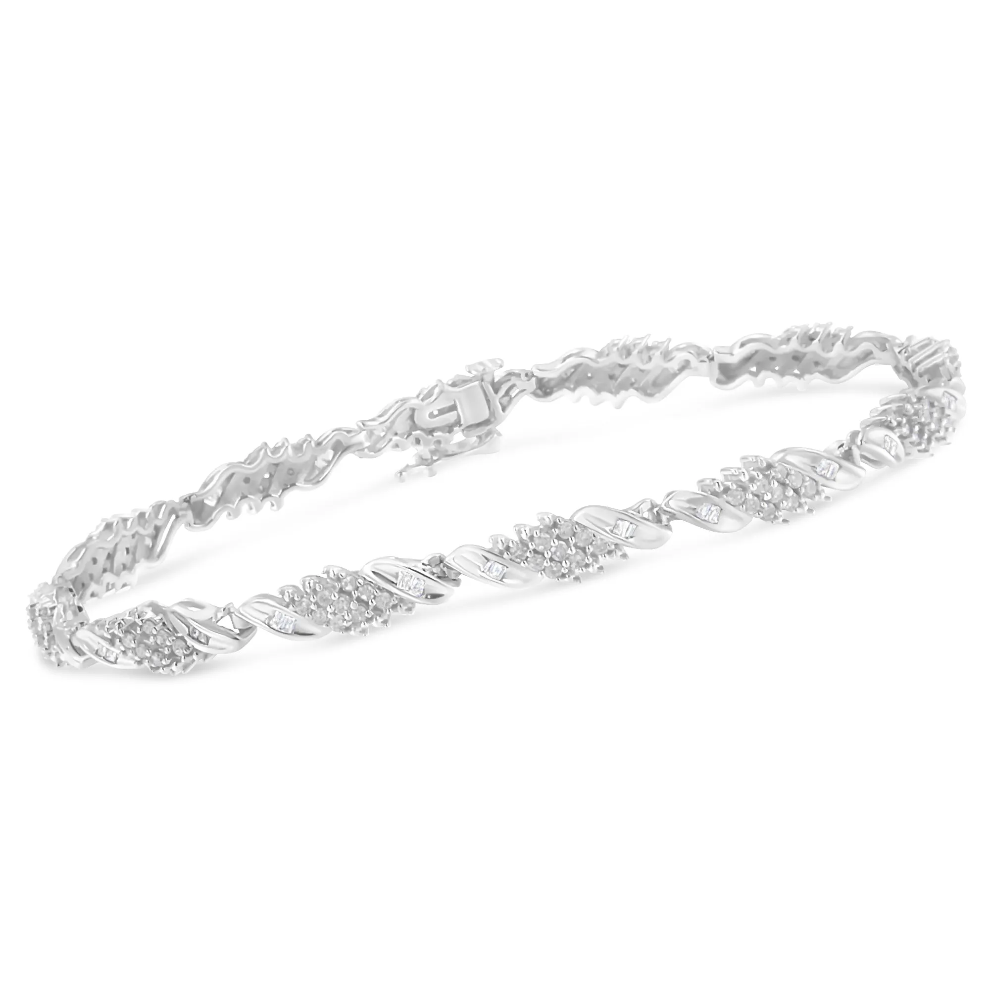 .925 Sterling Silver 1-1/2 Cttw Round and Baguette Cut Diamond Wave Link Bracelet