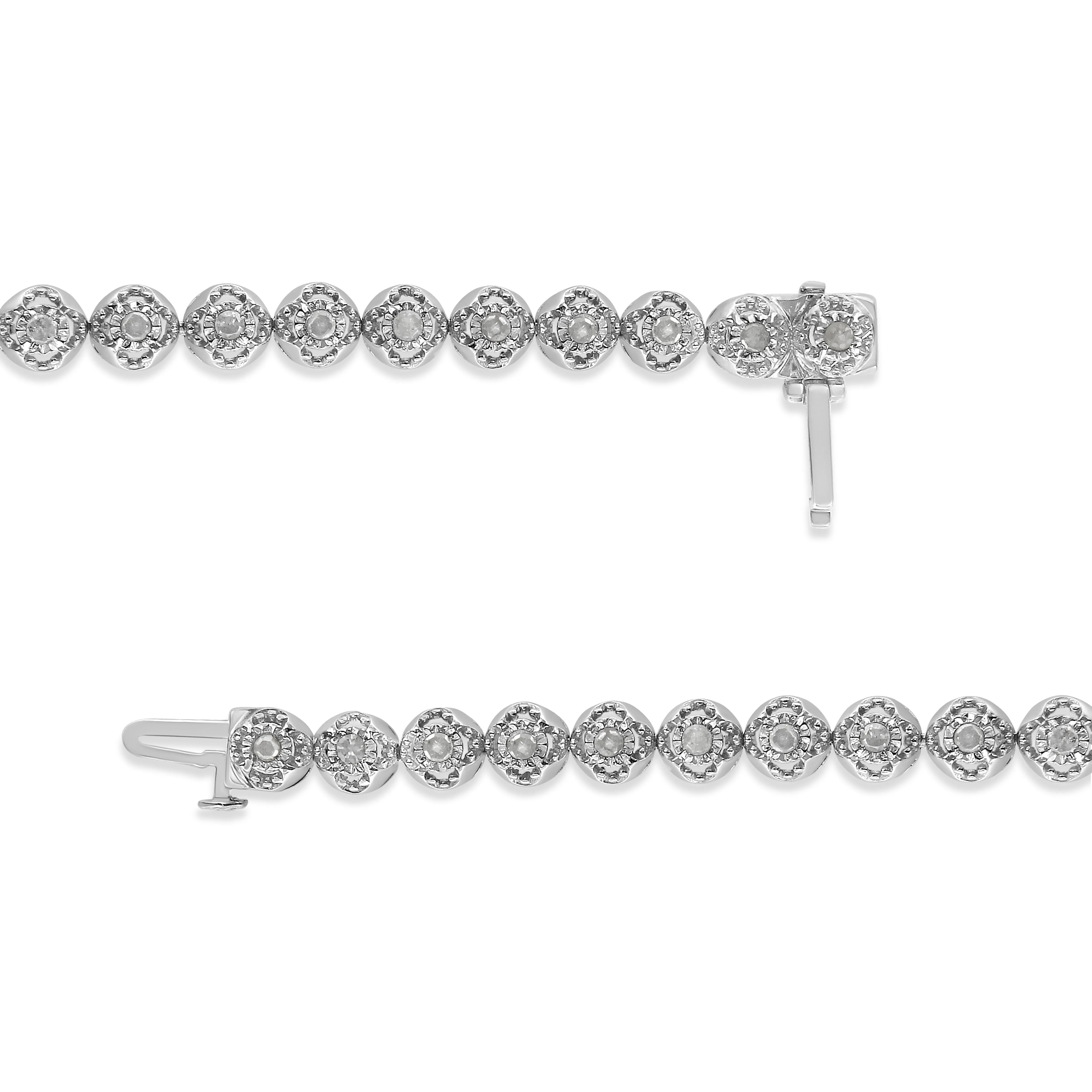 .925 Sterling Silver 1.0 Cttw Diamond Miracle-Plate Open Quatrefoil Flower Circle-Link 7" Tennis Bracelet