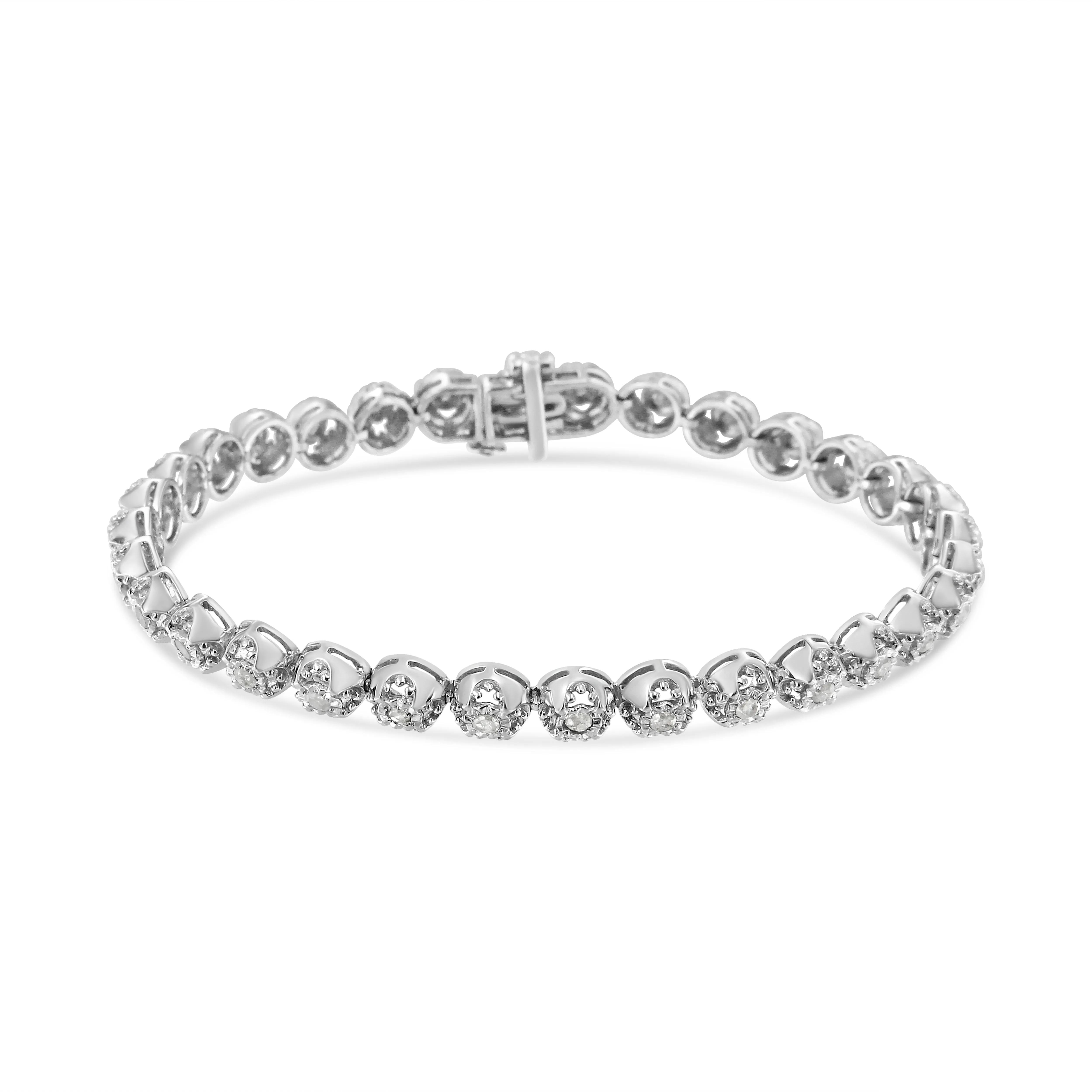 .925 Sterling Silver 1.0 Cttw Diamond Miracle-Plate Open Quatrefoil Flower Circle-Link 7" Tennis Bracelet