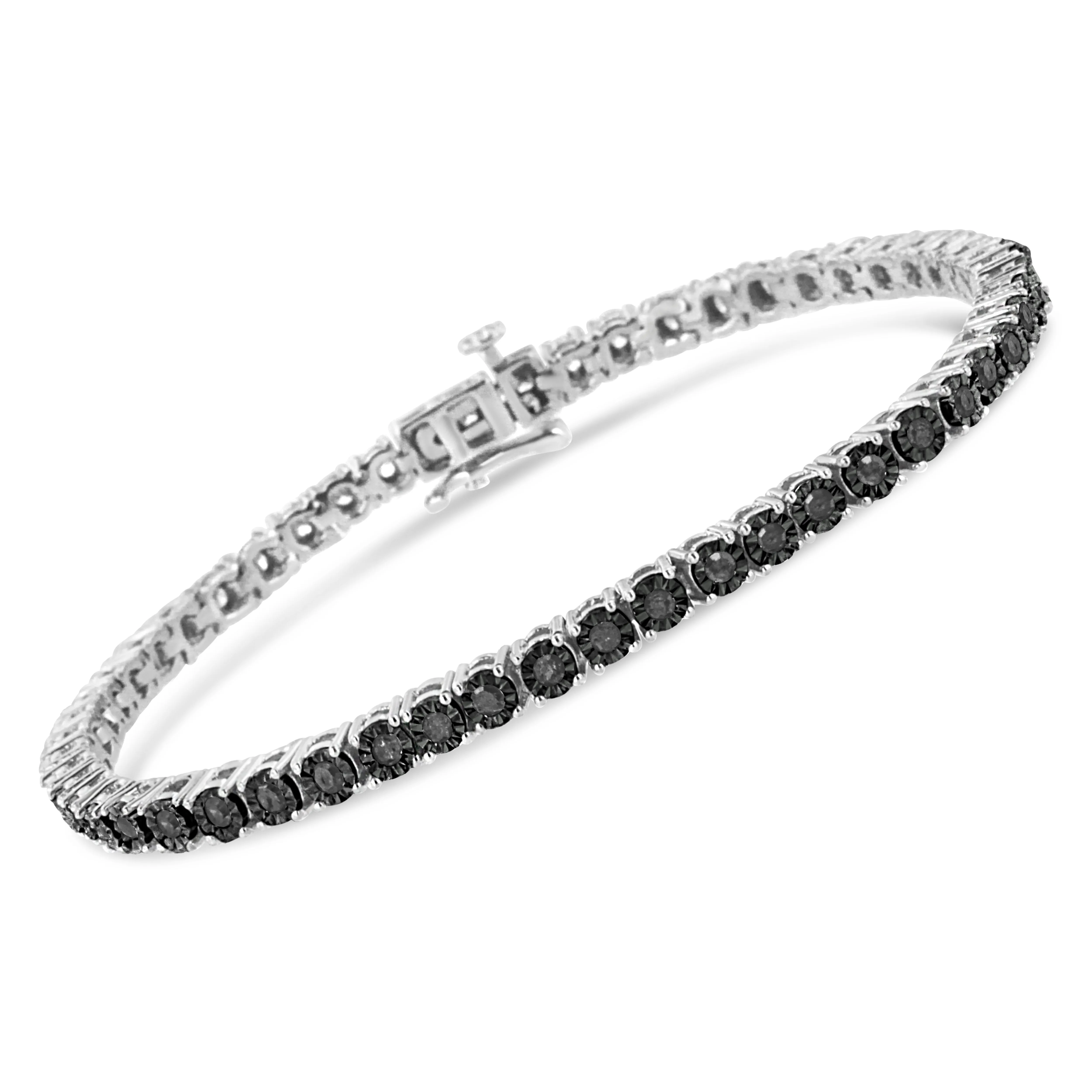 .925 Sterling Silver 1.0 Cttw Miracle-Set Treated Black Diamond Round Miracle Plate Tennis Bracelet