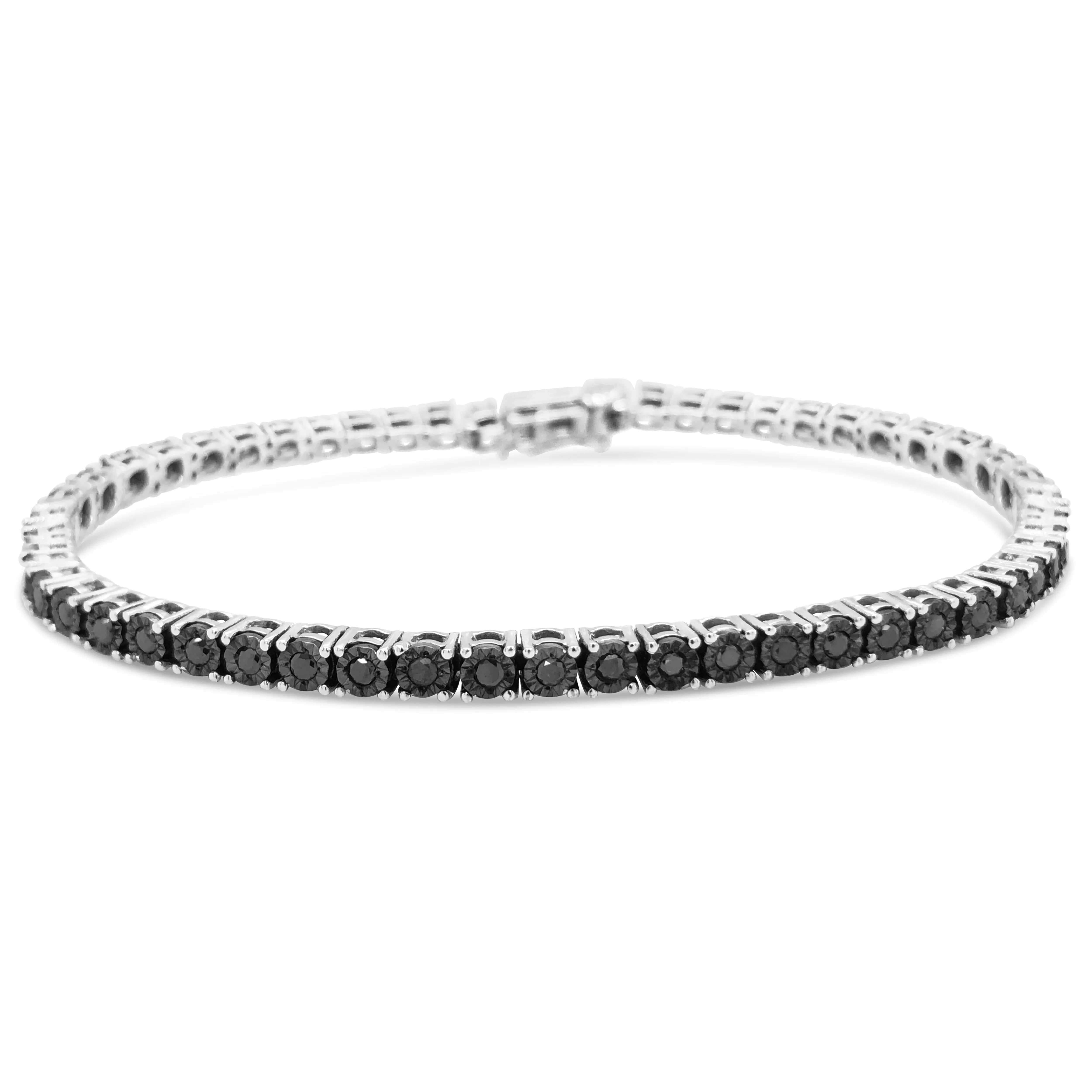 .925 Sterling Silver 1.0 Cttw Miracle-Set Treated Black Diamond Round Miracle Plate Tennis Bracelet