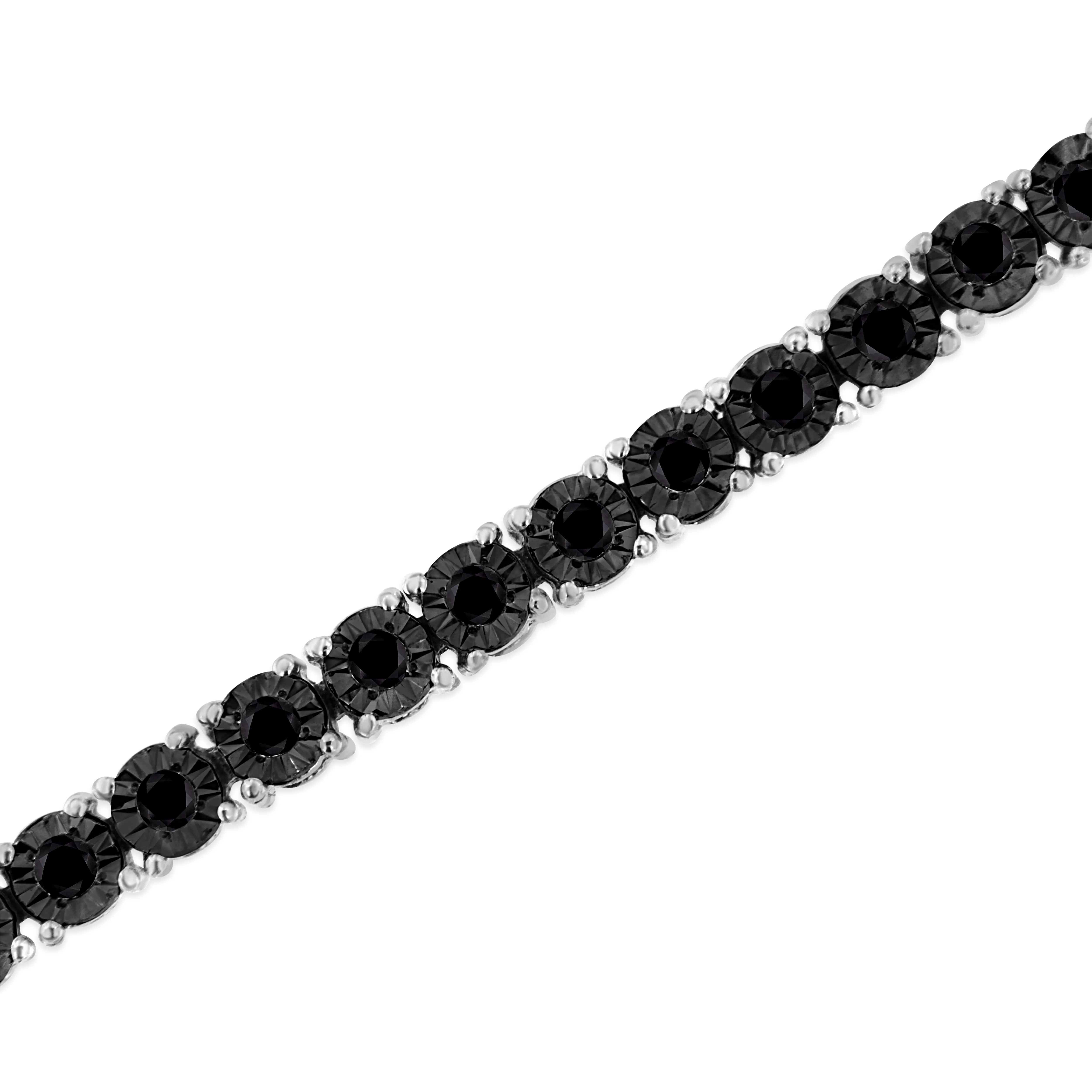 .925 Sterling Silver 1.0 Cttw Miracle-Set Treated Black Diamond Round Miracle Plate Tennis Bracelet