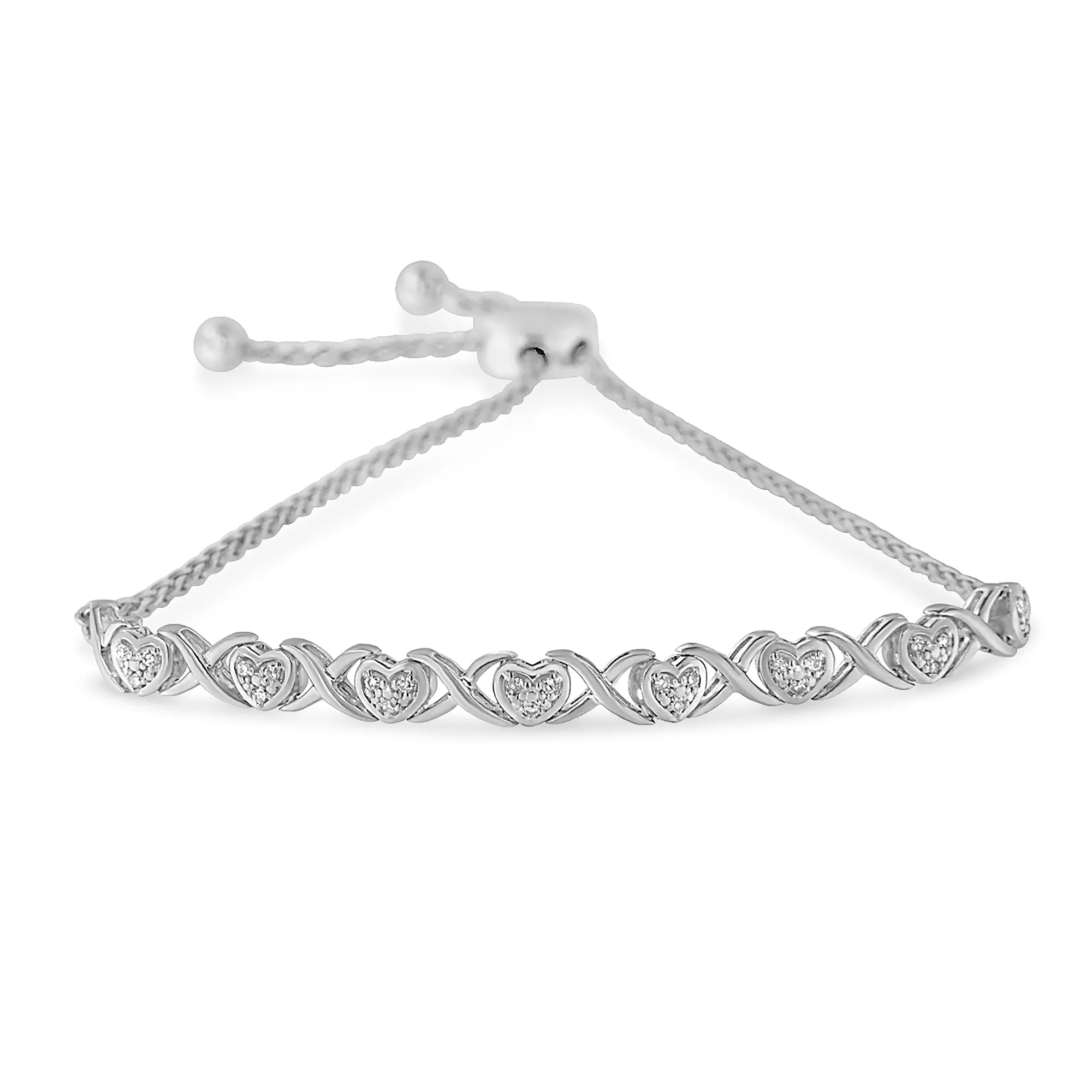 .925 Sterling Silver 1/10 Cttw Diamond Heart and X-Link 6”-9” Adjustable Bolo Bracelet