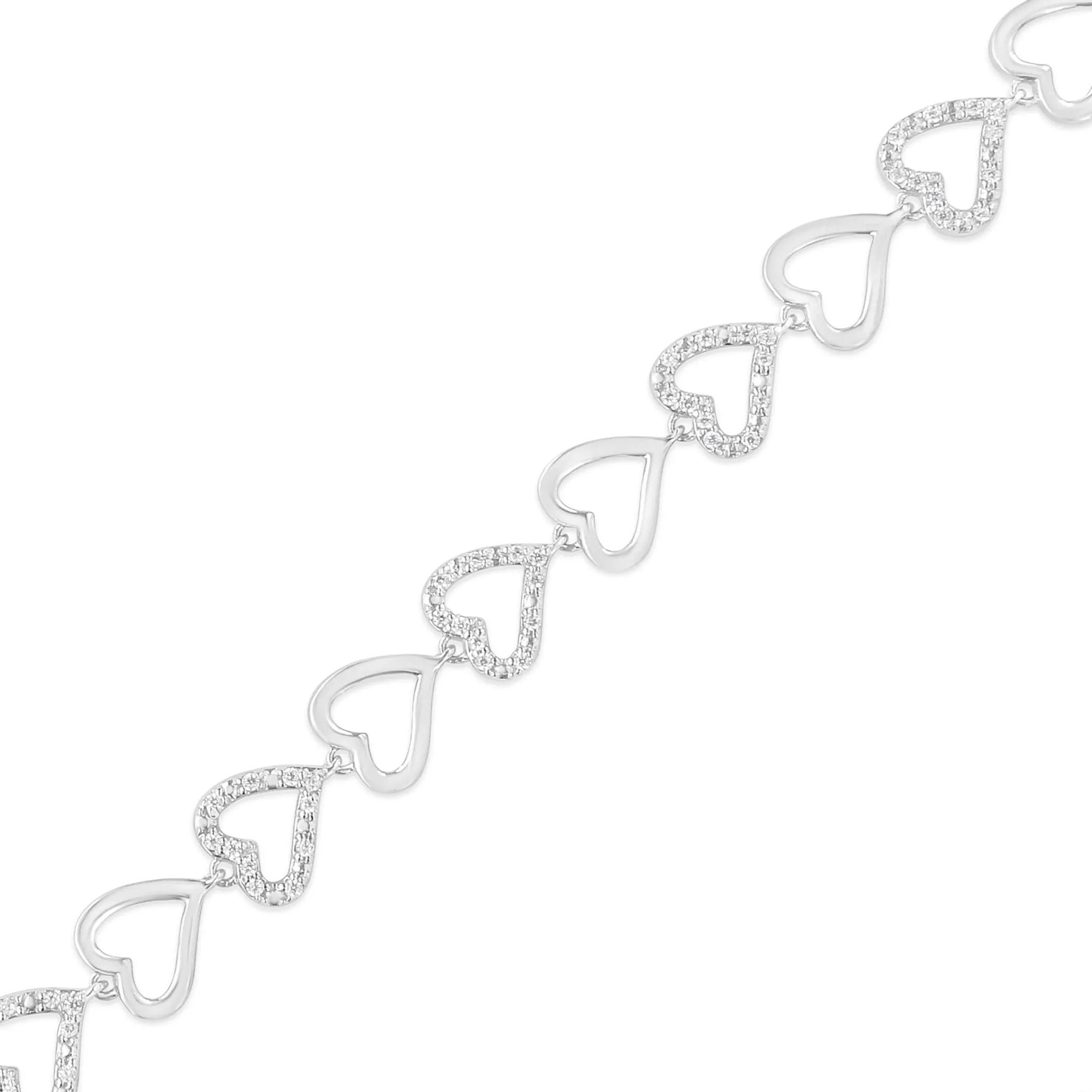 .925 Sterling Silver 1/2 Cttw Diamond Alternating Heart Link Bracelet (I-J Color, I2-I3 Clarity)- Size 7.25" Inches