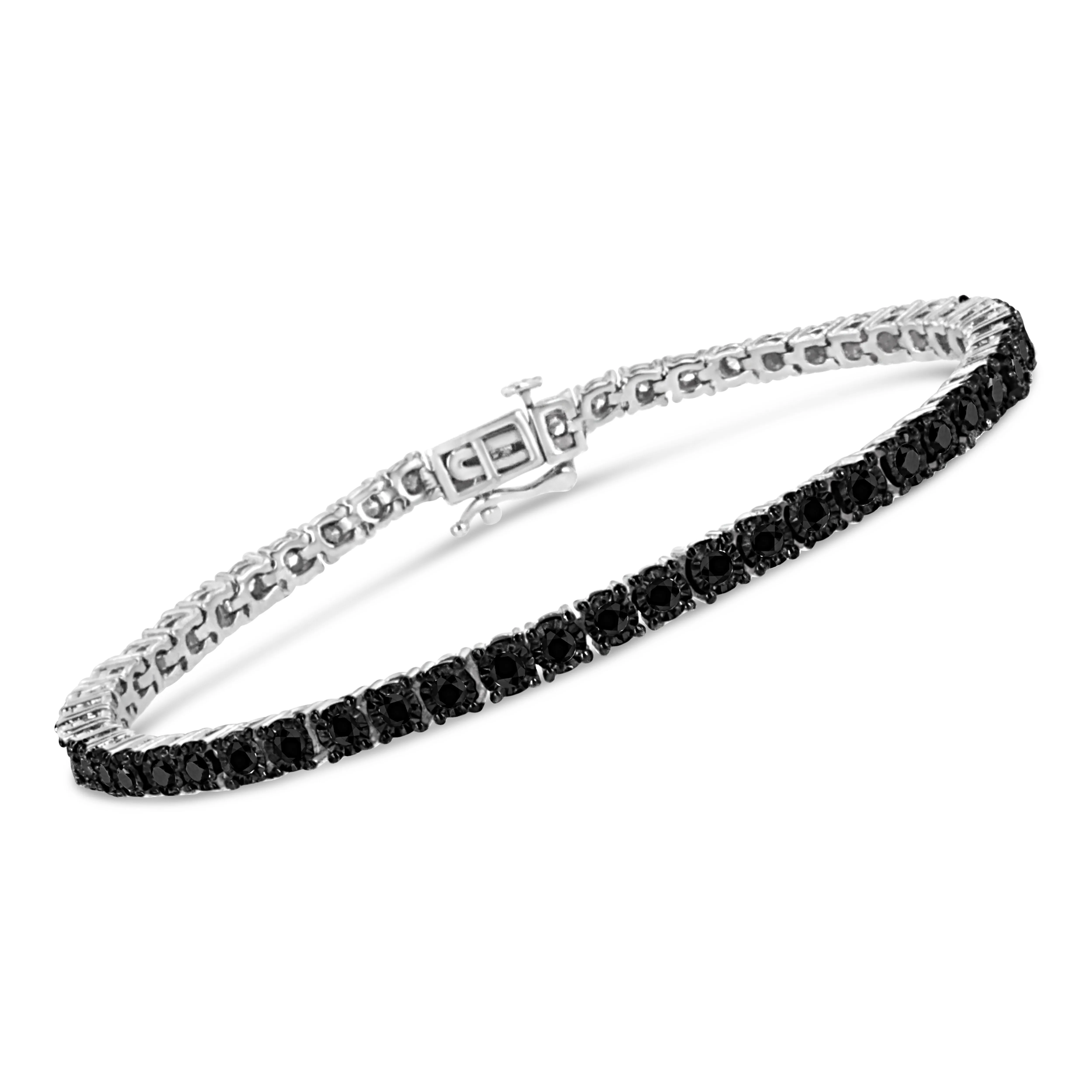 .925 Sterling Silver 3.0 Cttw Miracle-Set Treated Black Diamond Round Miracle Plate Tennis Bracelet