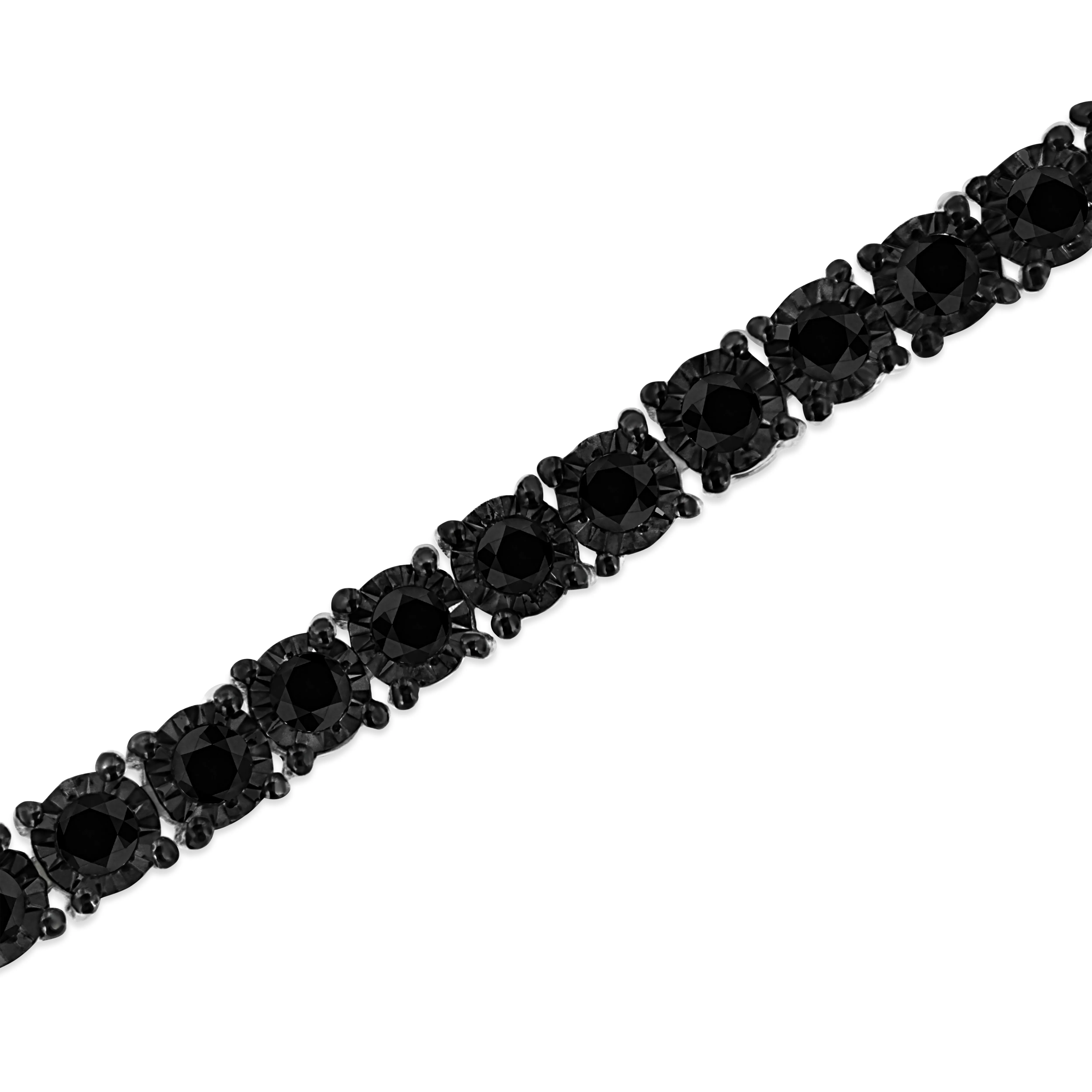 .925 Sterling Silver 3.0 Cttw Miracle-Set Treated Black Diamond Round Miracle Plate Tennis Bracelet