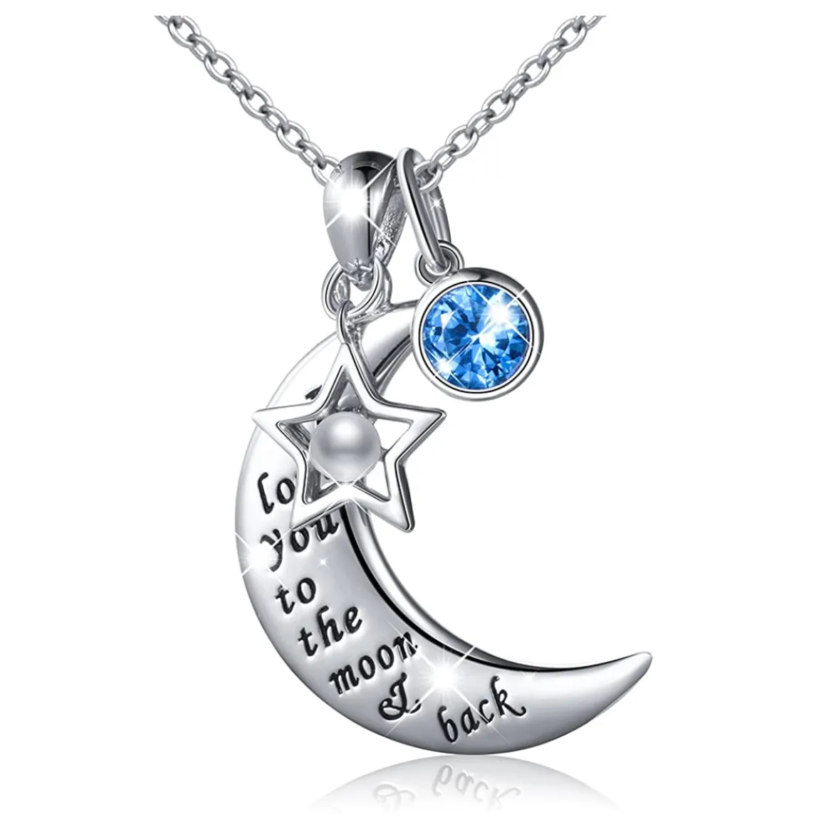 925 Sterling Silver Crescent Moon Necklace Turkish Simulated Diamond Star Islamic Muslim Jewelry Chain Gift I Love You Blue Sapphire Simulated Crystal 18in.