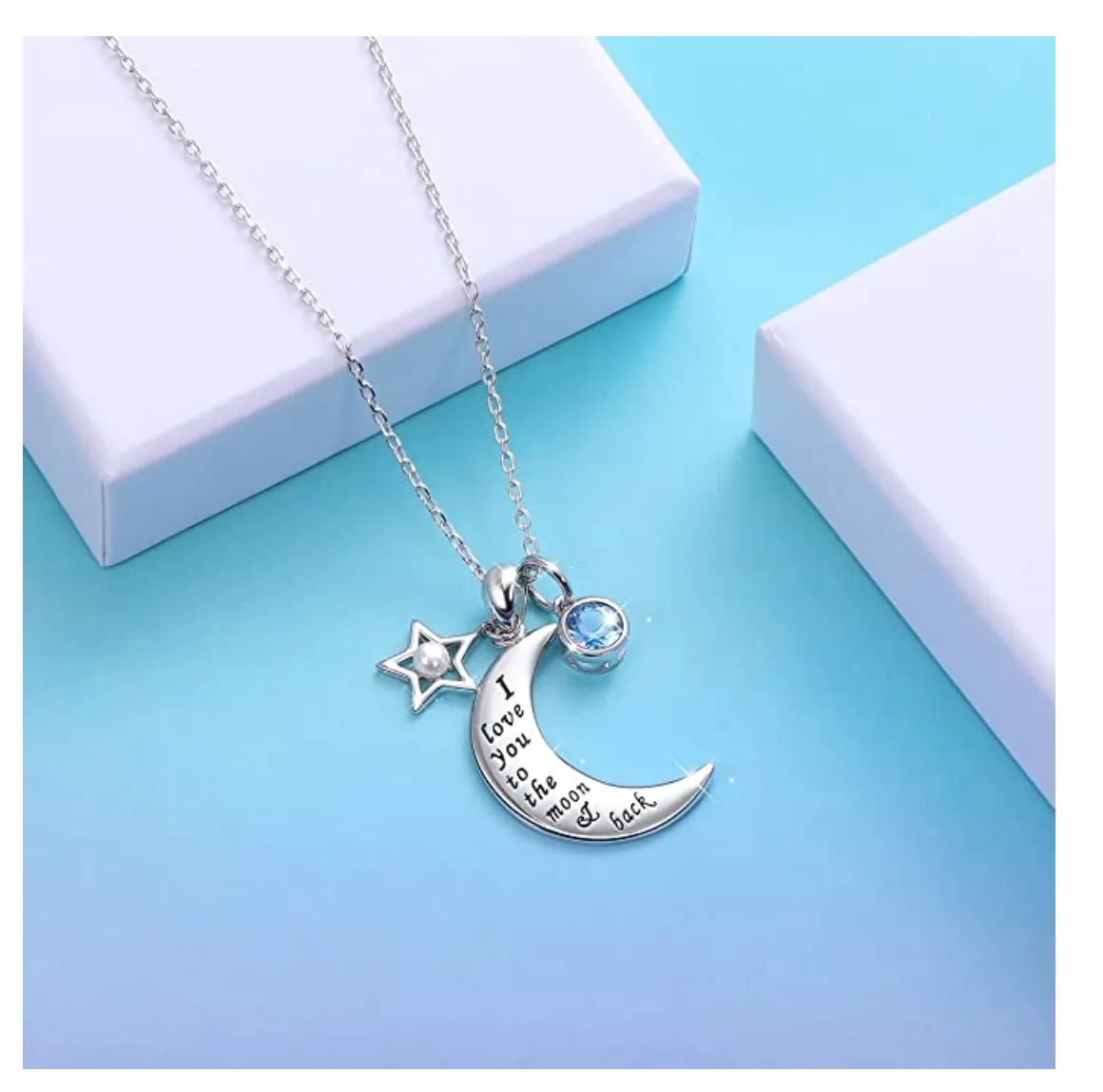 925 Sterling Silver Crescent Moon Necklace Turkish Simulated Diamond Star Islamic Muslim Jewelry Chain Gift I Love You Blue Sapphire Simulated Crystal 18in.