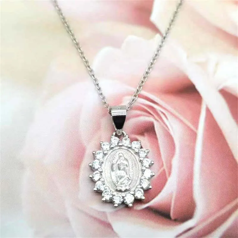 925 Sterling Silver with Diamonds Virgin Mary Virgencita Necklace