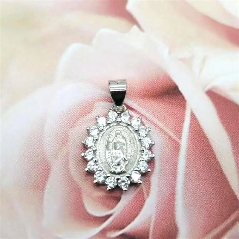 925 Sterling Silver with Diamonds Virgin Mary Virgencita Necklace