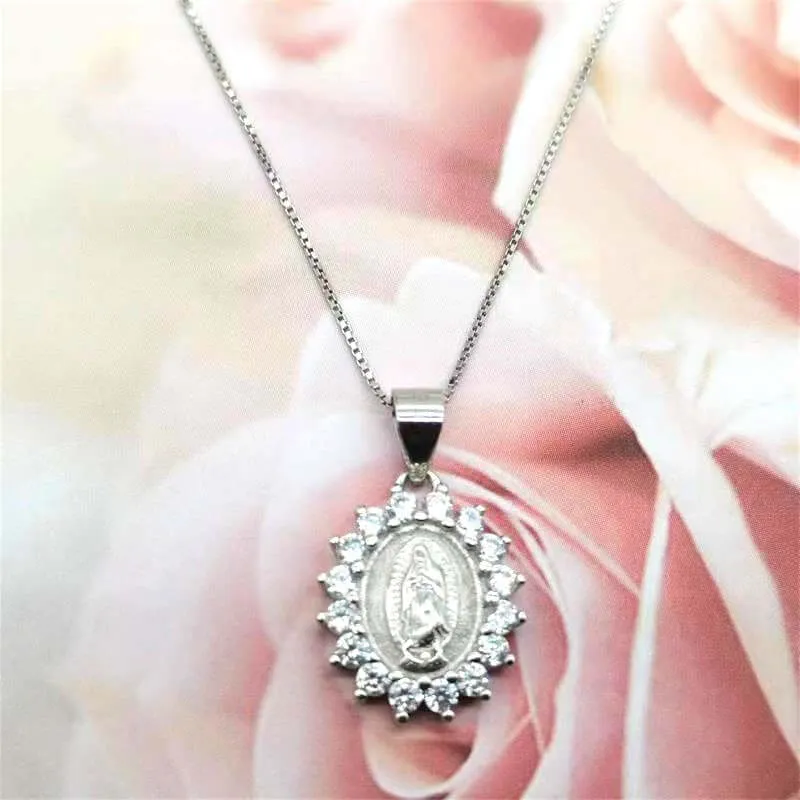 925 Sterling Silver with Diamonds Virgin Mary Virgencita Necklace