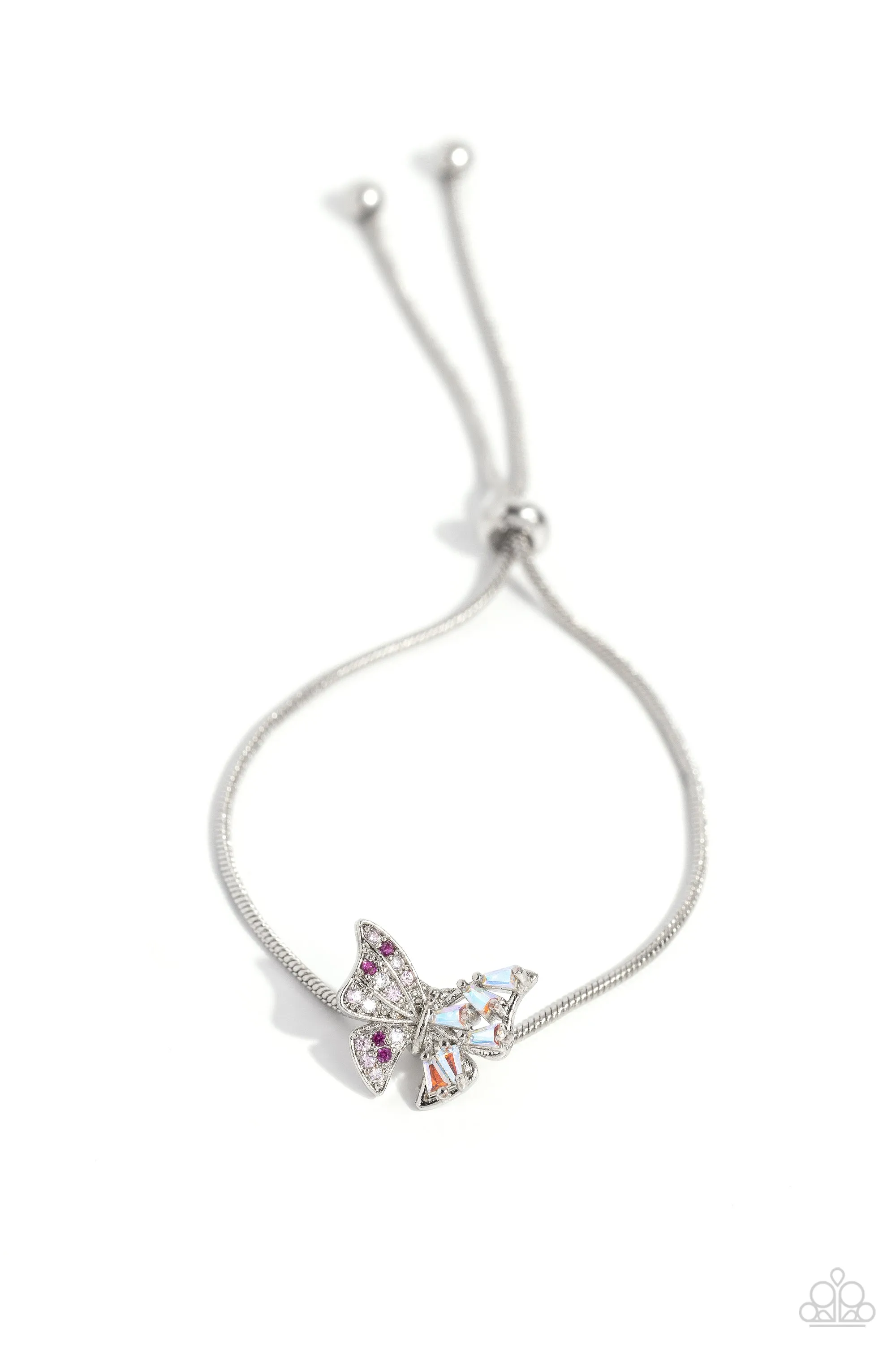 Adjustable Allure - Pink - and Iridescent Rhinestone Butterfly Paparazzi Lariat Bracelet