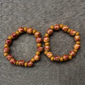 African Grace 2 Red and Brown Floral Beaded Wood Stretch Bracelets