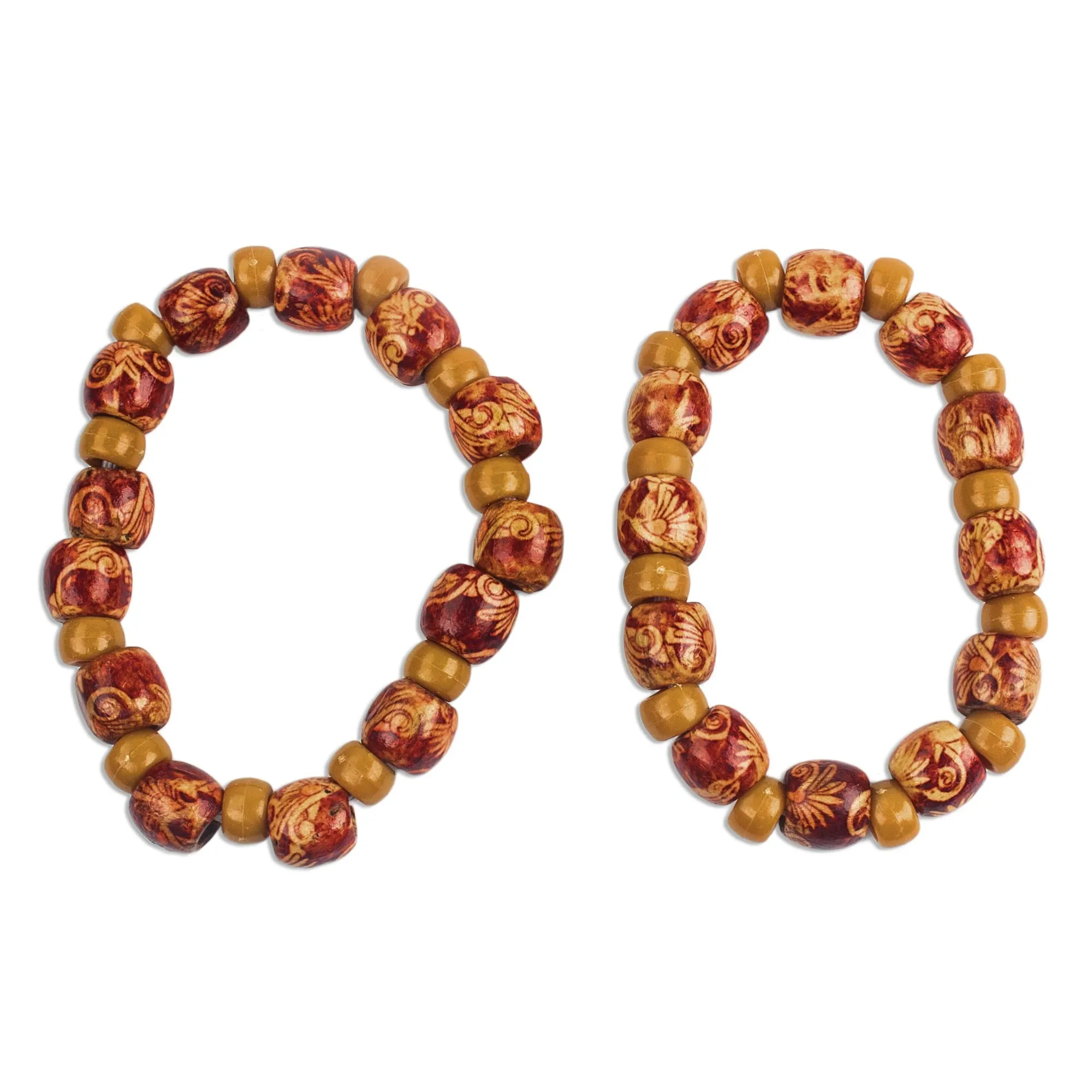 African Grace 2 Red and Brown Floral Beaded Wood Stretch Bracelets