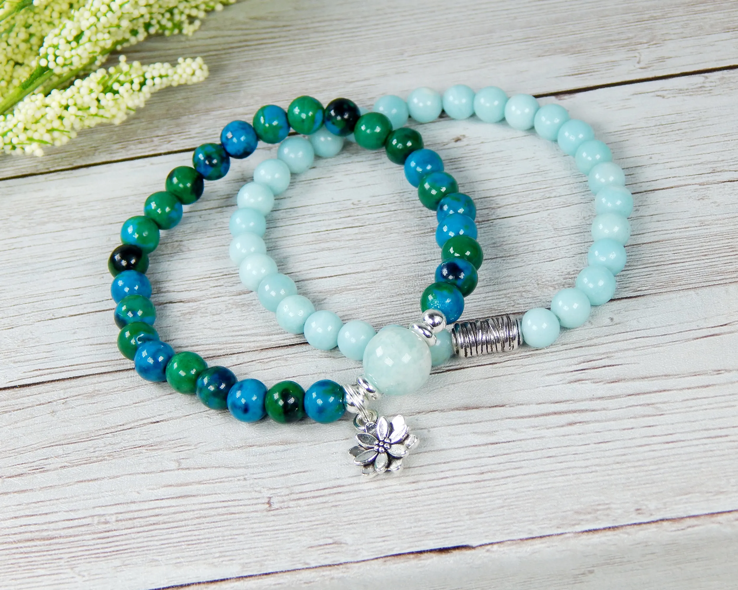 Amazonite Bracelet with Lotus Flower Charm - Set of 2 Stacking Bracelets