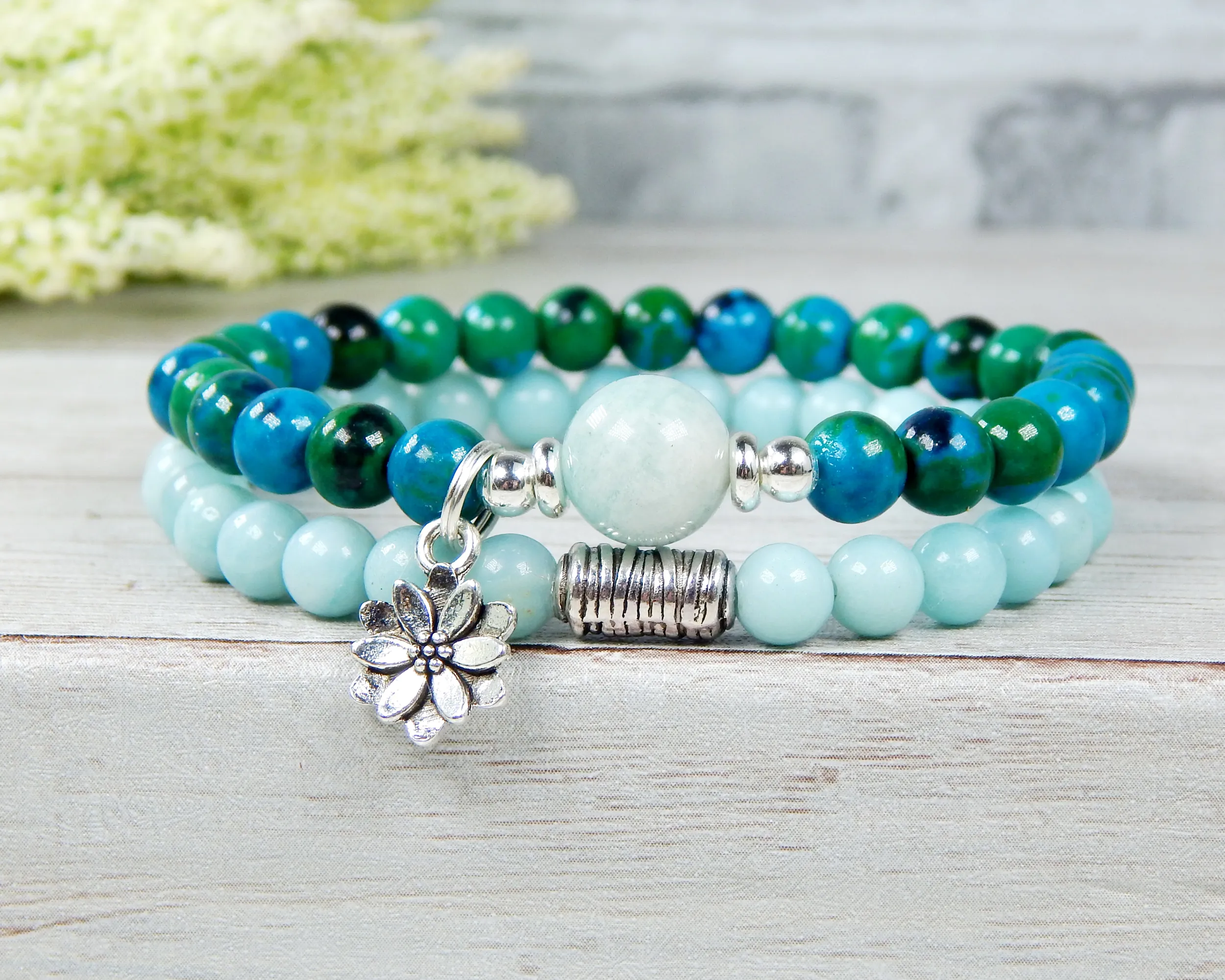 Amazonite Bracelet with Lotus Flower Charm - Set of 2 Stacking Bracelets