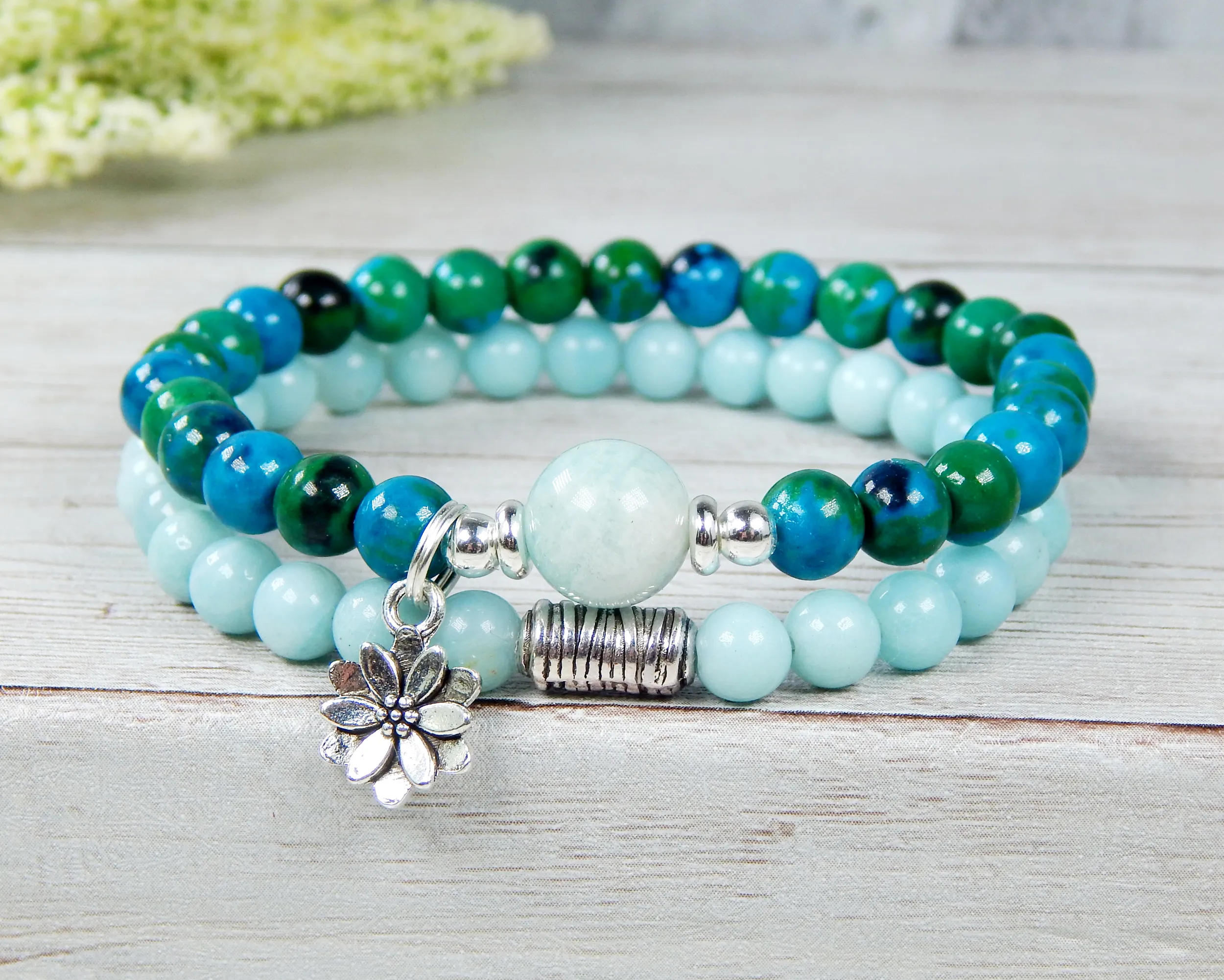 Amazonite Bracelet with Lotus Flower Charm - Set of 2 Stacking Bracelets